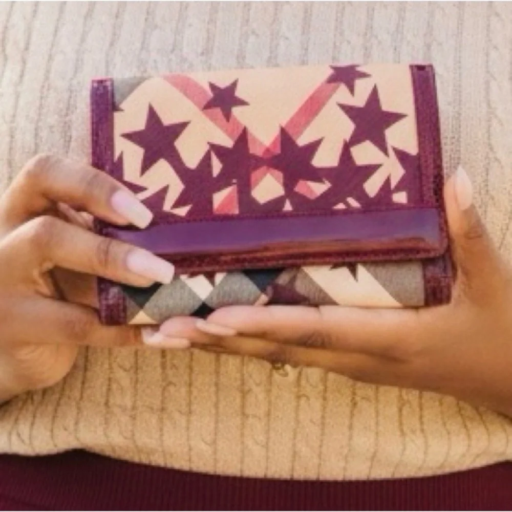 BURBERRY Maroon & Tan Star Print Canvas & Patent Leather Wallet, EUC